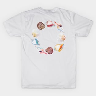 Hand drawn illustrations round frame of seashells. T-Shirt